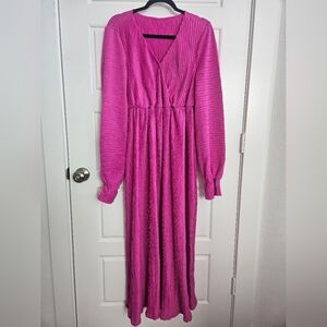 Vibrant Pink Fuchsia Long Sleeve Maxi Dress Textured Size Small